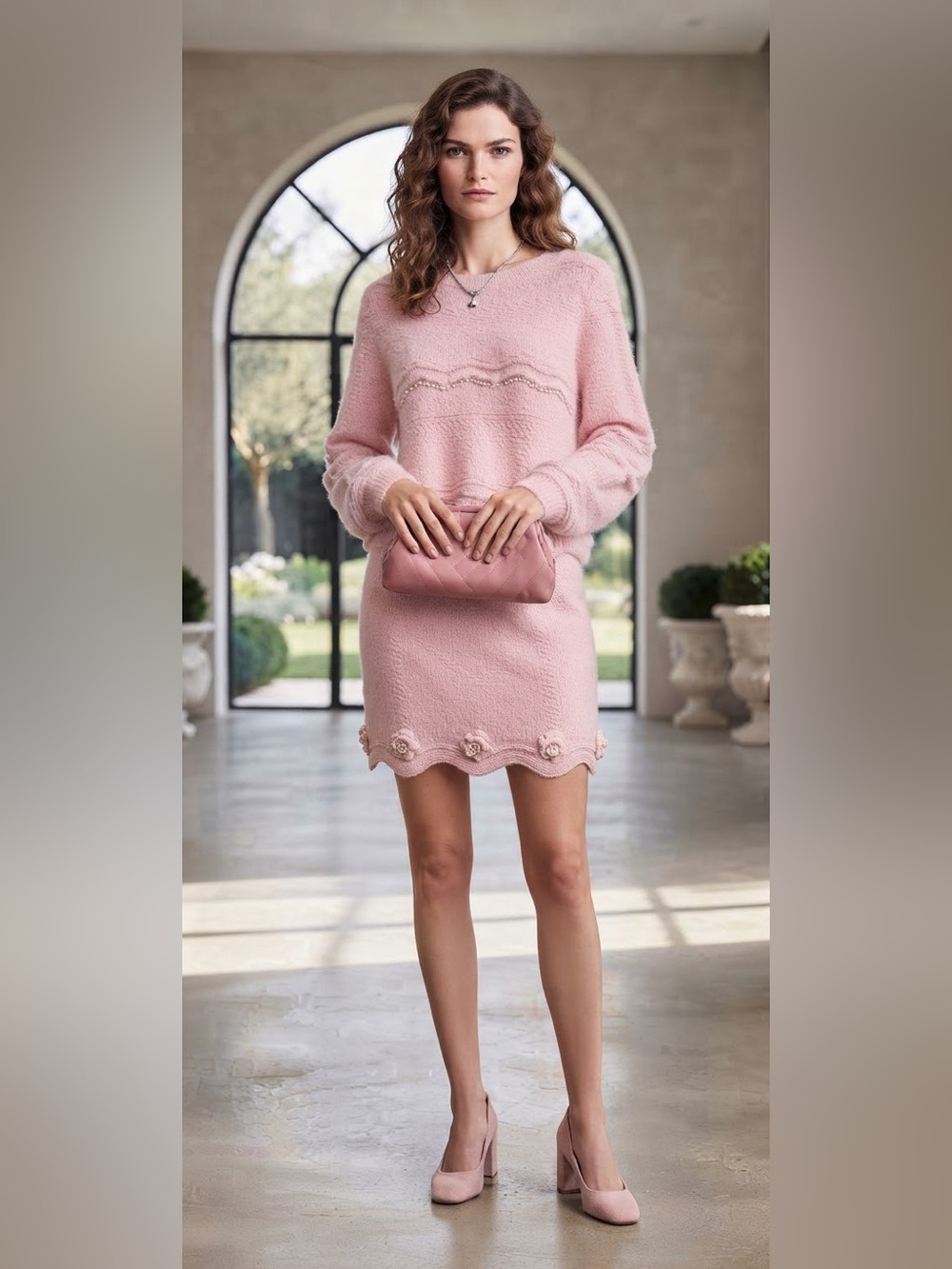 100% Alpaca Wool and Cashmere Pink Women's Sweater Set